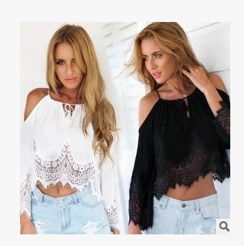A large number of stock 2021ebay AliExpress explosion models sexy lace chiffon stitching off-shoulder top