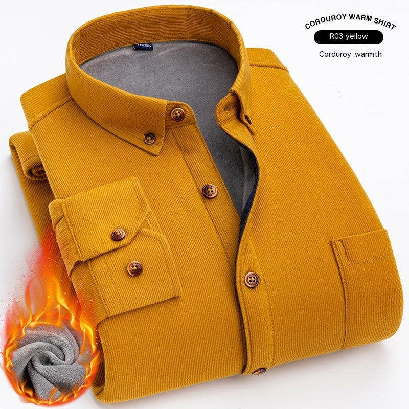 Thermal Shirt Men's Fleece-lined Thick Solid Color Corduroy Thermal Shirt Autumn And Winter
