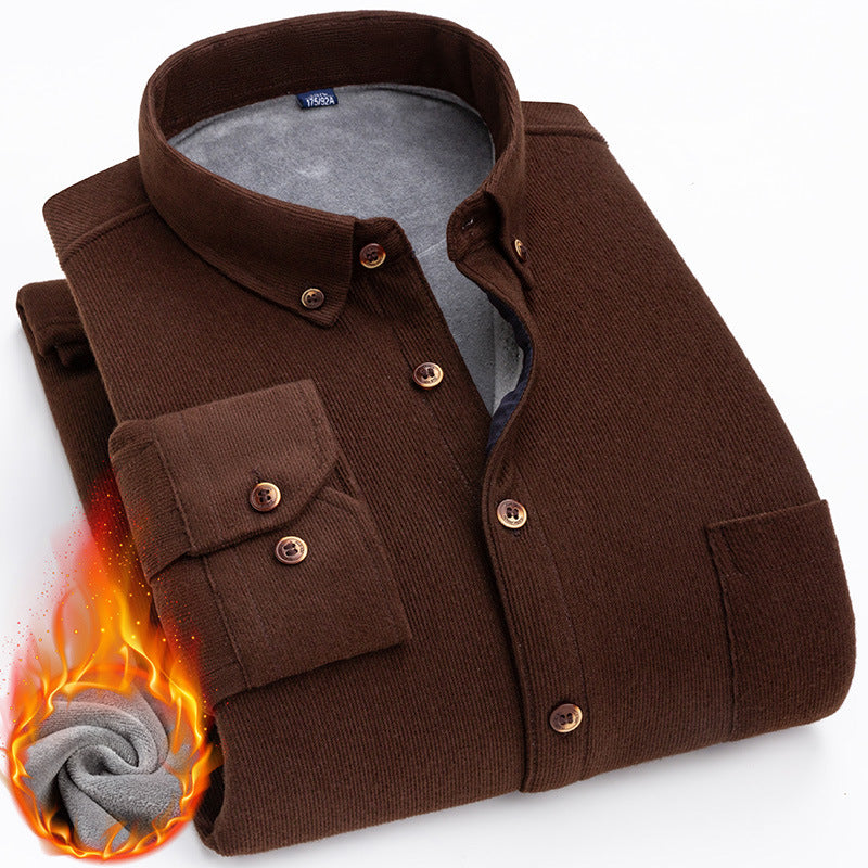 Thermal Shirt Men's Fleece-lined Thick Solid Color Corduroy Thermal Shirt Autumn And Winter
