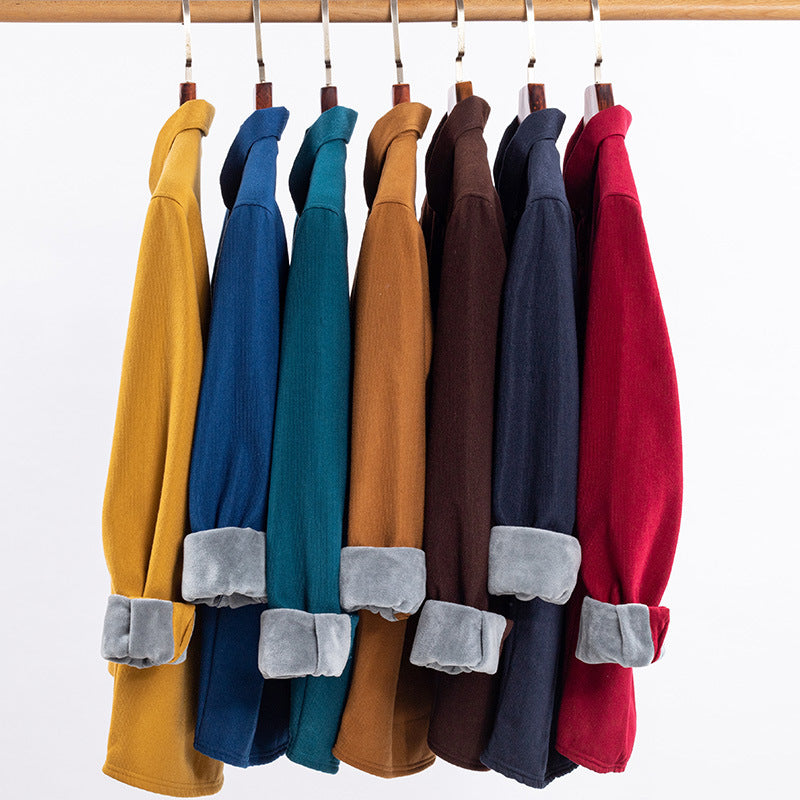 Thermal Shirt Men's Fleece-lined Thick Solid Color Corduroy Thermal Shirt Autumn And Winter