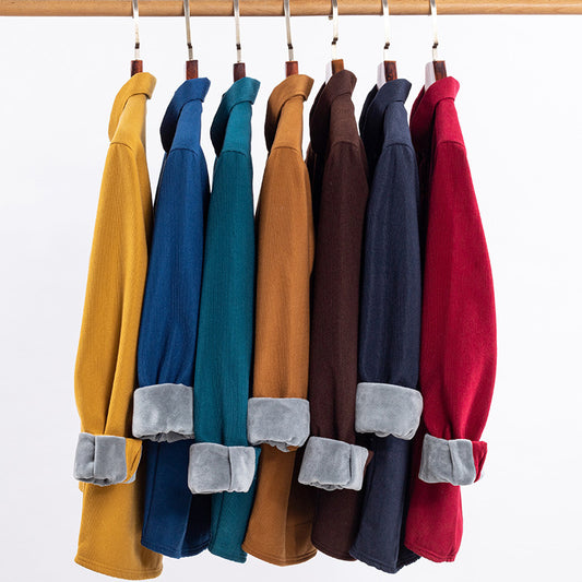 Thermal Shirt Men's Fleece-lined Thick Solid Color Corduroy Thermal Shirt Autumn And Winter