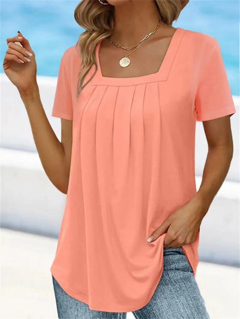 European And American Solid Color Women's Clothing Top T-shirt With Short Sleeves