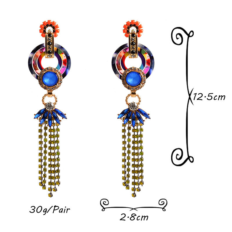 European And American Style Tassel Long Claw Chain Colored Diamond Earrings