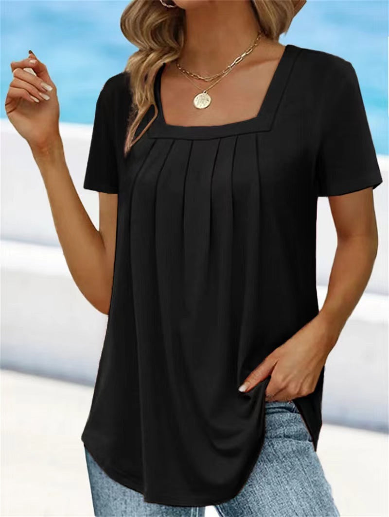 European And American Solid Color Women's Clothing Top T-shirt With Short Sleeves