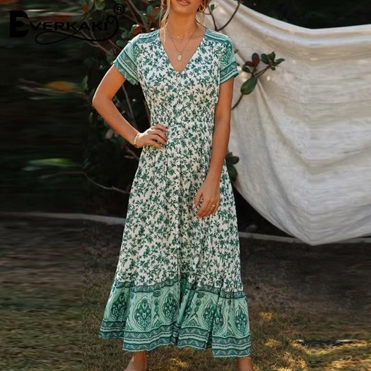 V-neck elastic waist single-breasted long skirt