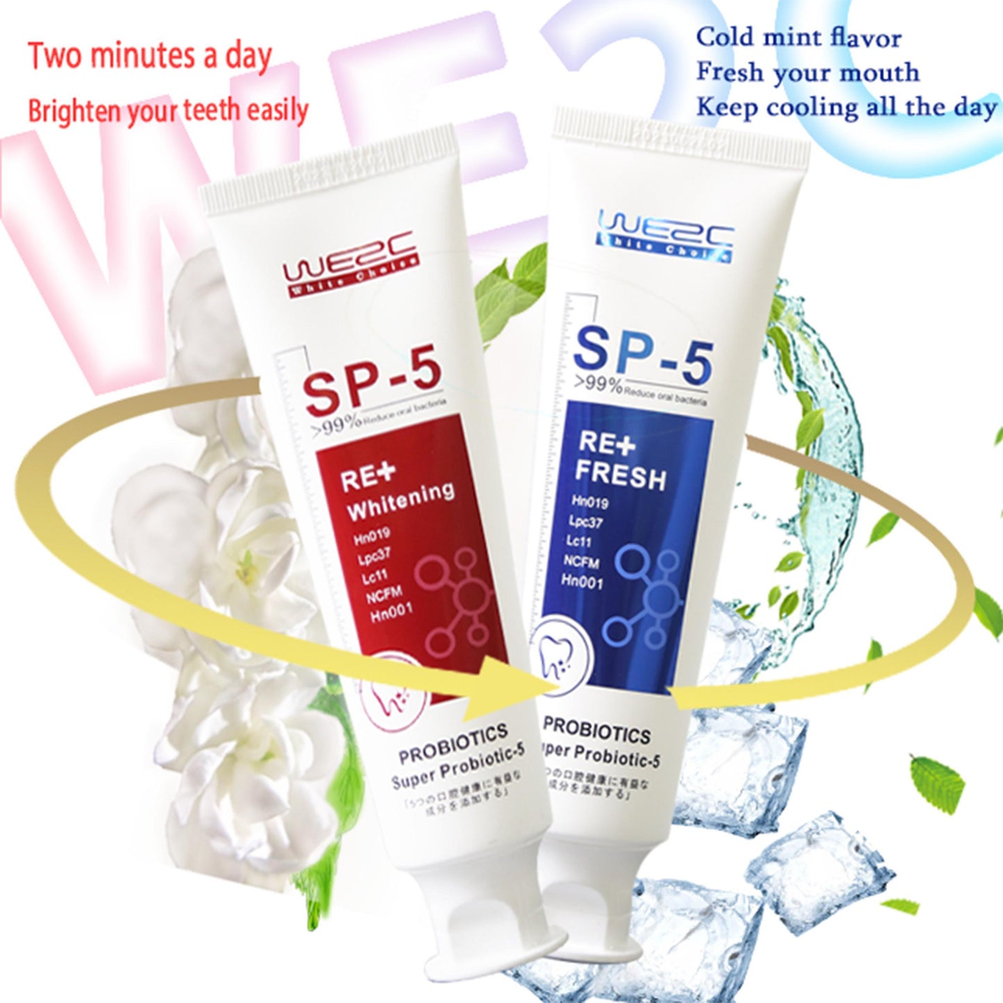 WE2C Whitening Toothpaste Teeth Cleaning Toothpaste Remove Plaque Remove Stains Oral Ordor Cleaning Bright Teeth Breath, Jasmine, Mint Gum Protection Foam Foaming SP5 Cleansing