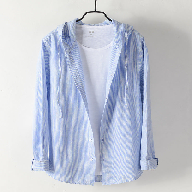 Men's Cotton And Linen Casual Hooded Long-sleeved Shirt