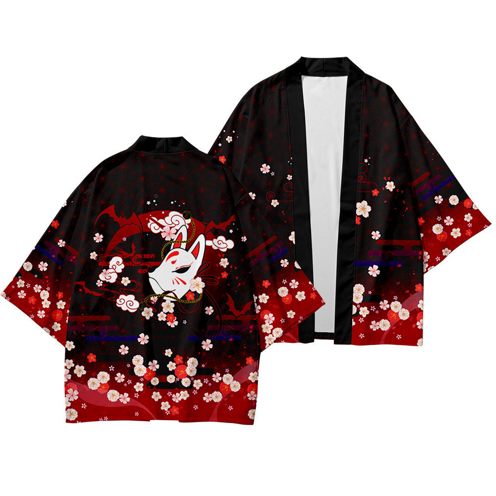 Peach Blossom Kimono Fox Mask Robe Sun-protective Clothing