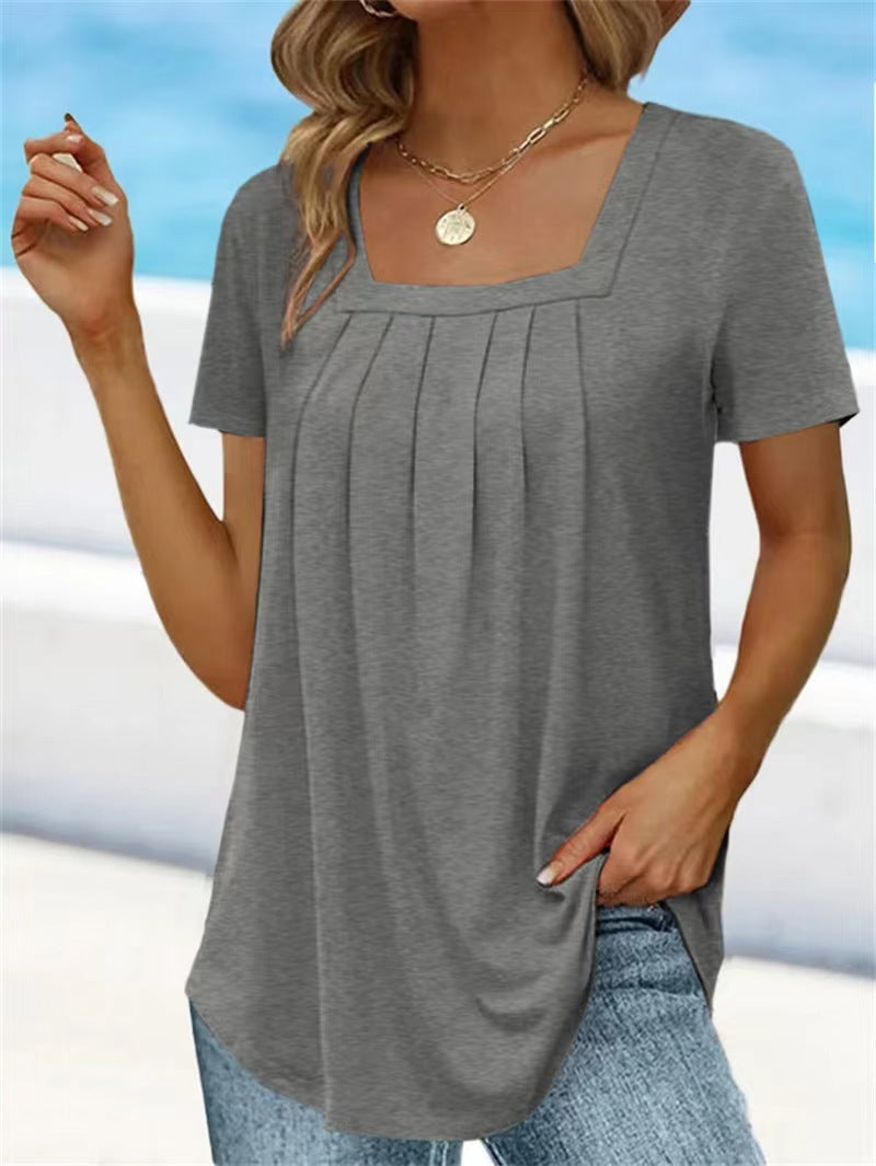 European And American Solid Color Women's Clothing Top T-shirt With Short Sleeves