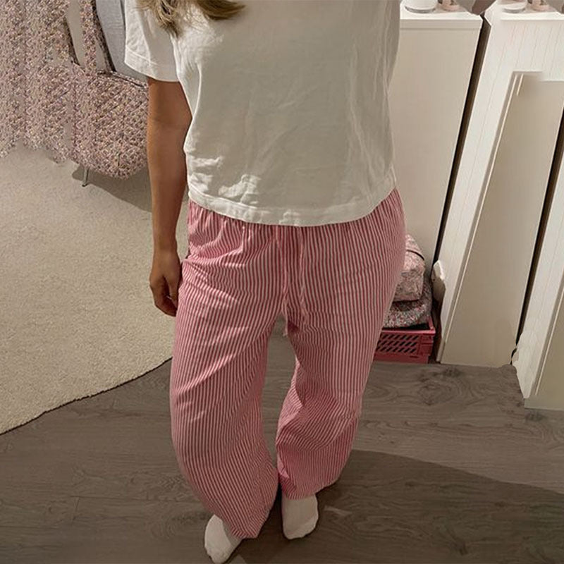 Striped Printed Elastic Waist Drawstring Pocket Straight Casual Trousers