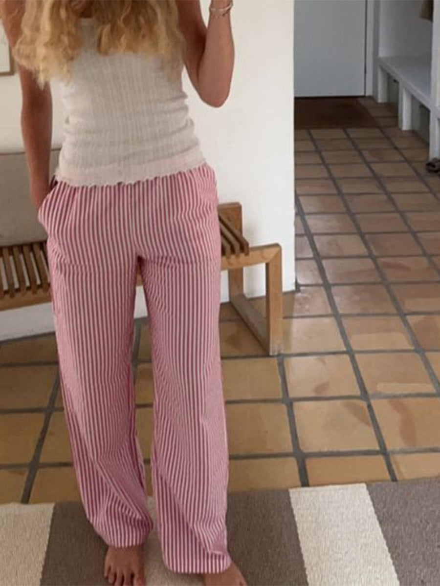 Striped Printed Elastic Waist Drawstring Pocket Straight Casual Trousers