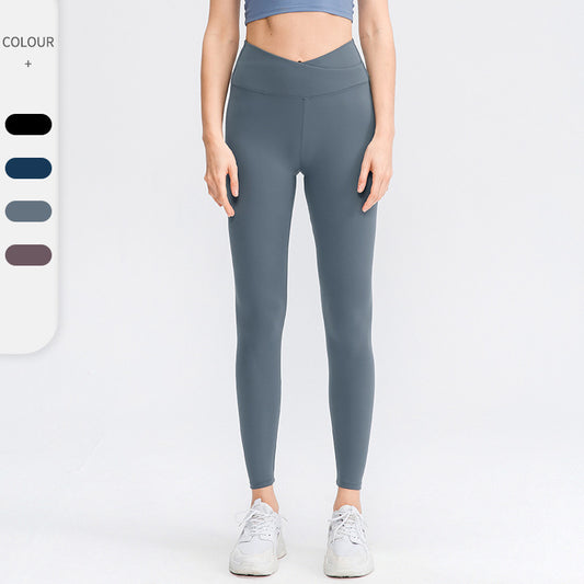Autumn And Winter High Waist Yoga Pants Women's Skin-friendly Double-sided Nude Feel Cross High Waist Slim Look Running Fitness Sports Pants