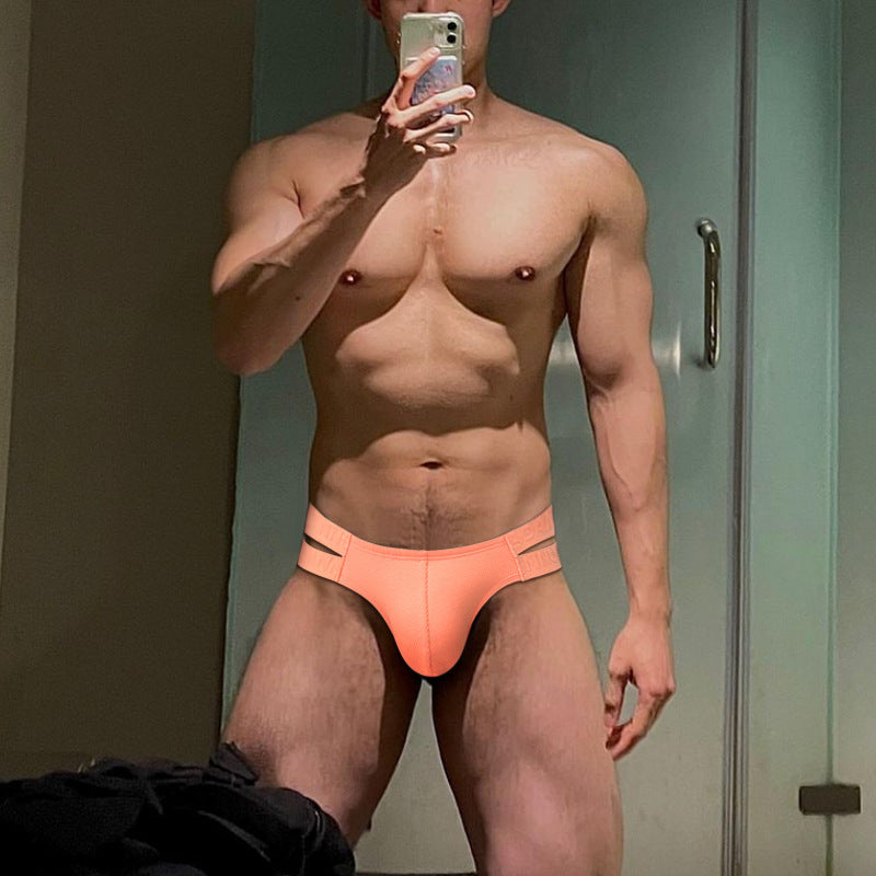 Sexy Side Double Belt Briefs Men's National Style Embossed Pattern High Slit Sports Low Waist