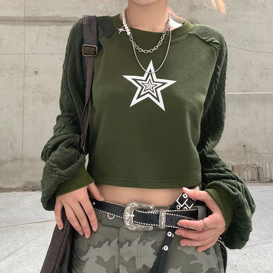 European And American Trend New Star Print Contrast Wool Raglan Sleeve Sweater