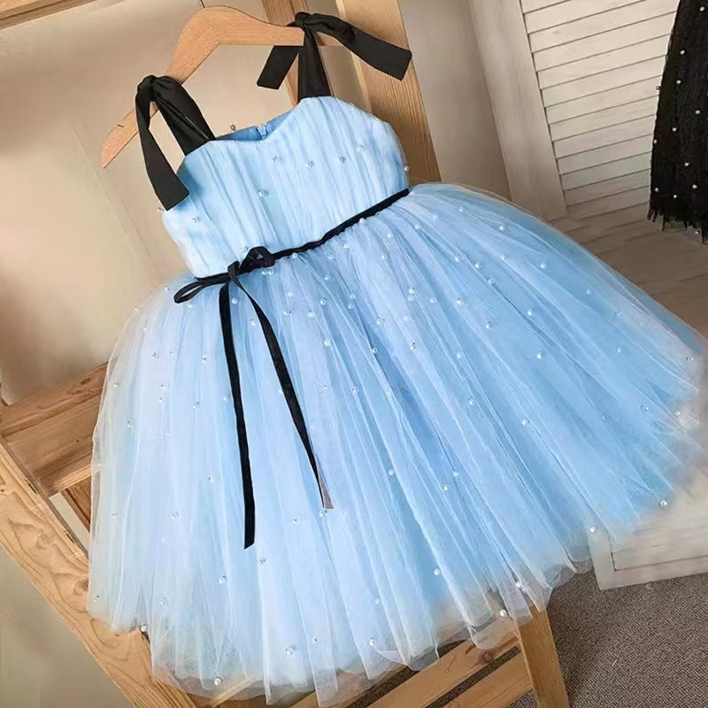 Girls' Dress Children's Lace-up Pearl Mesh Pettiskirt Children Shirt