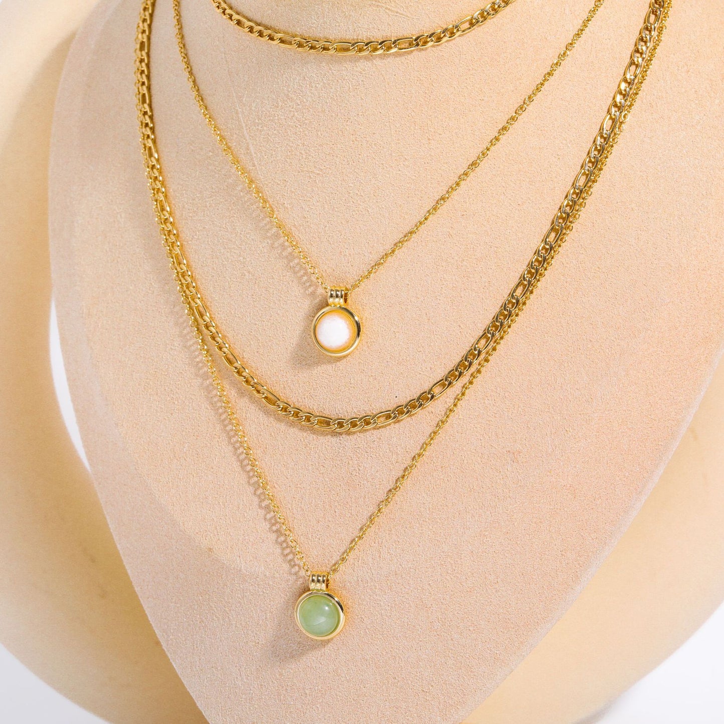 Simple Natural Stone Gem Semi-precious Stone Double Layer Necklace Green Aventurine Figaro Titanium Steel
