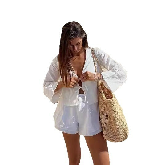 Women's Deep V Bell Sleeve Tied Top