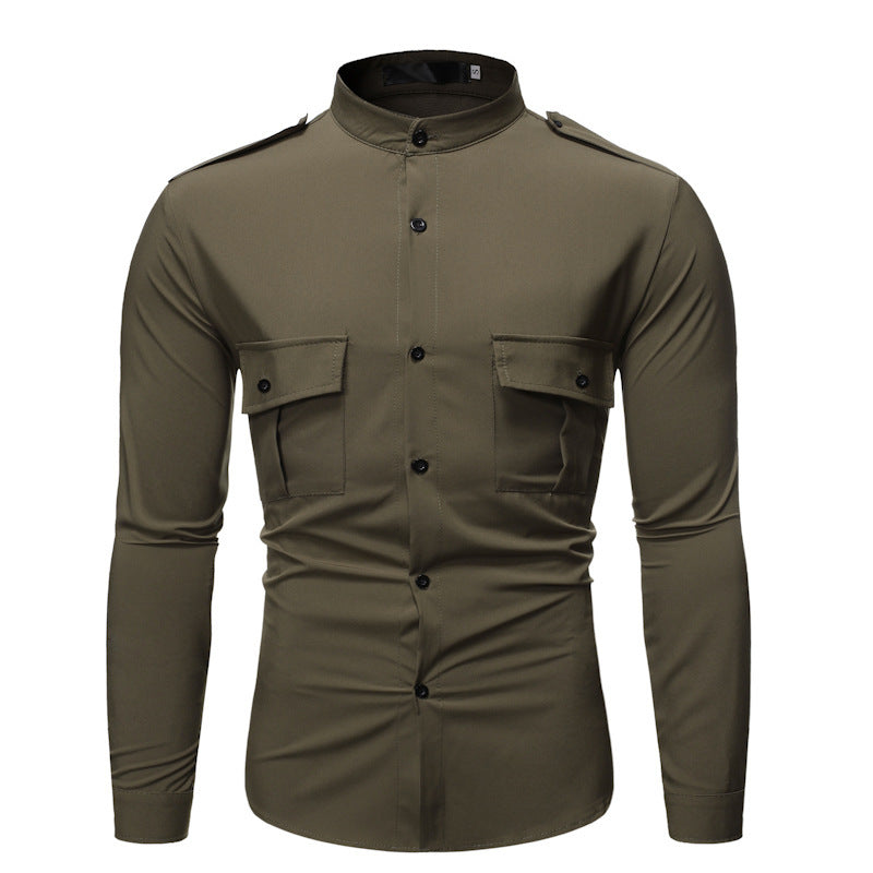 Solid-color long sleeve shirt man