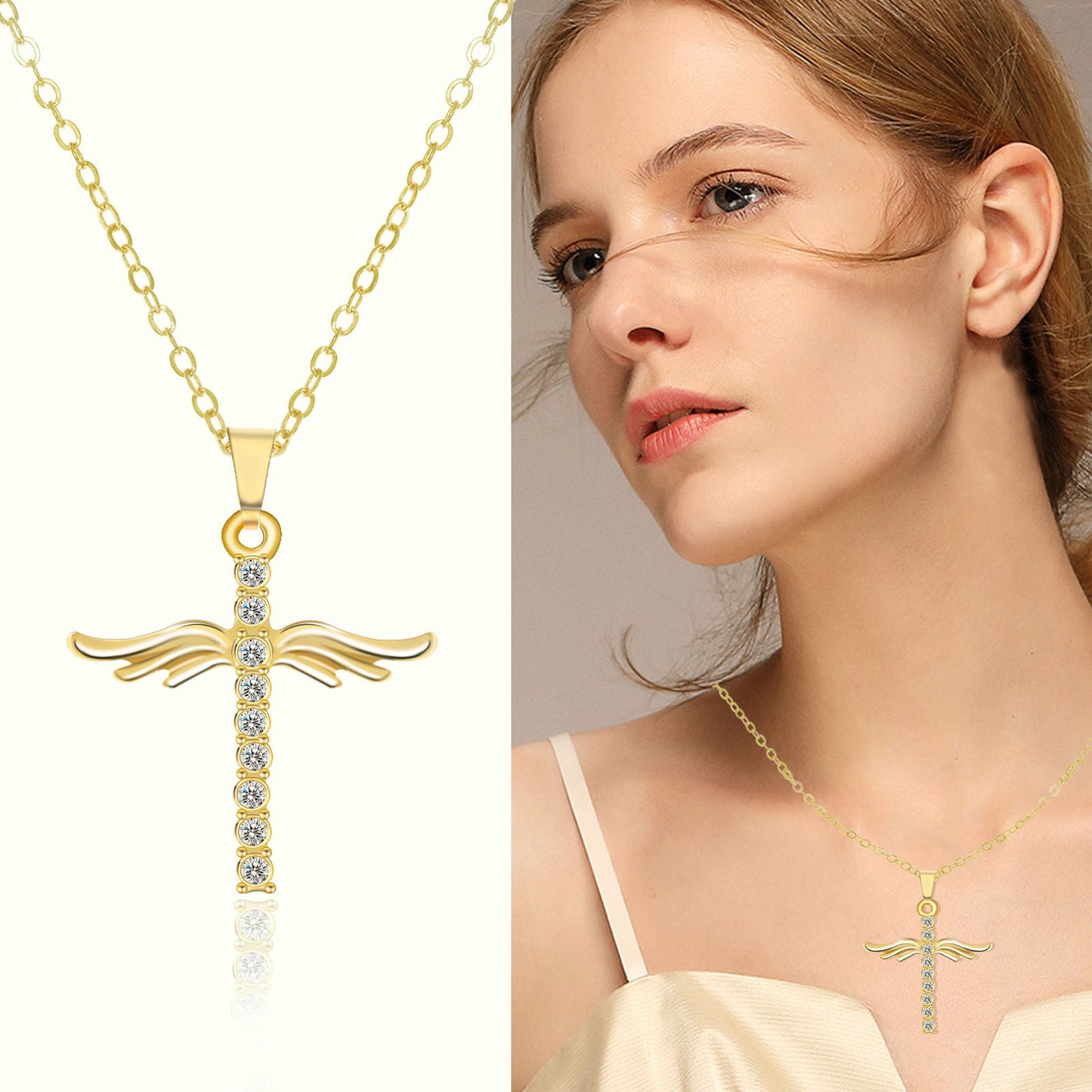 Simple cruz diamante alas de Ángel colgante