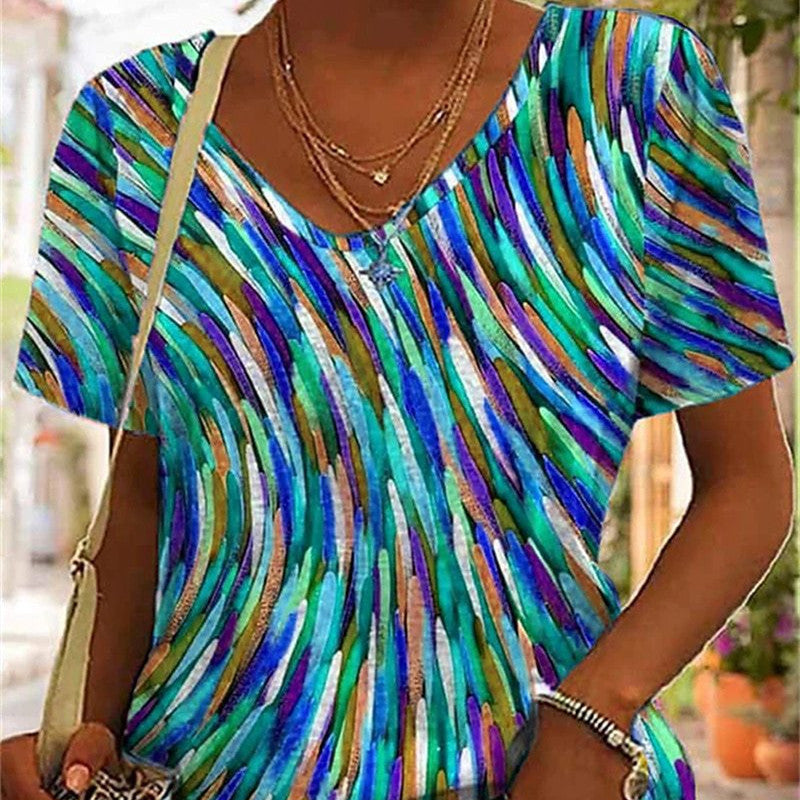 Women's Fashion 3D Printed V-neck Slim Bottoming Shirt