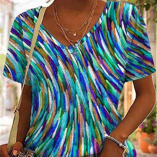 Women's Fashion 3D Printed V-neck Slim Bottoming Shirt