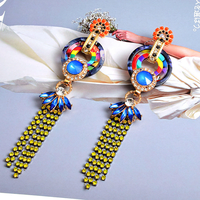 European And American Style Tassel Long Claw Chain Colored Diamond Earrings