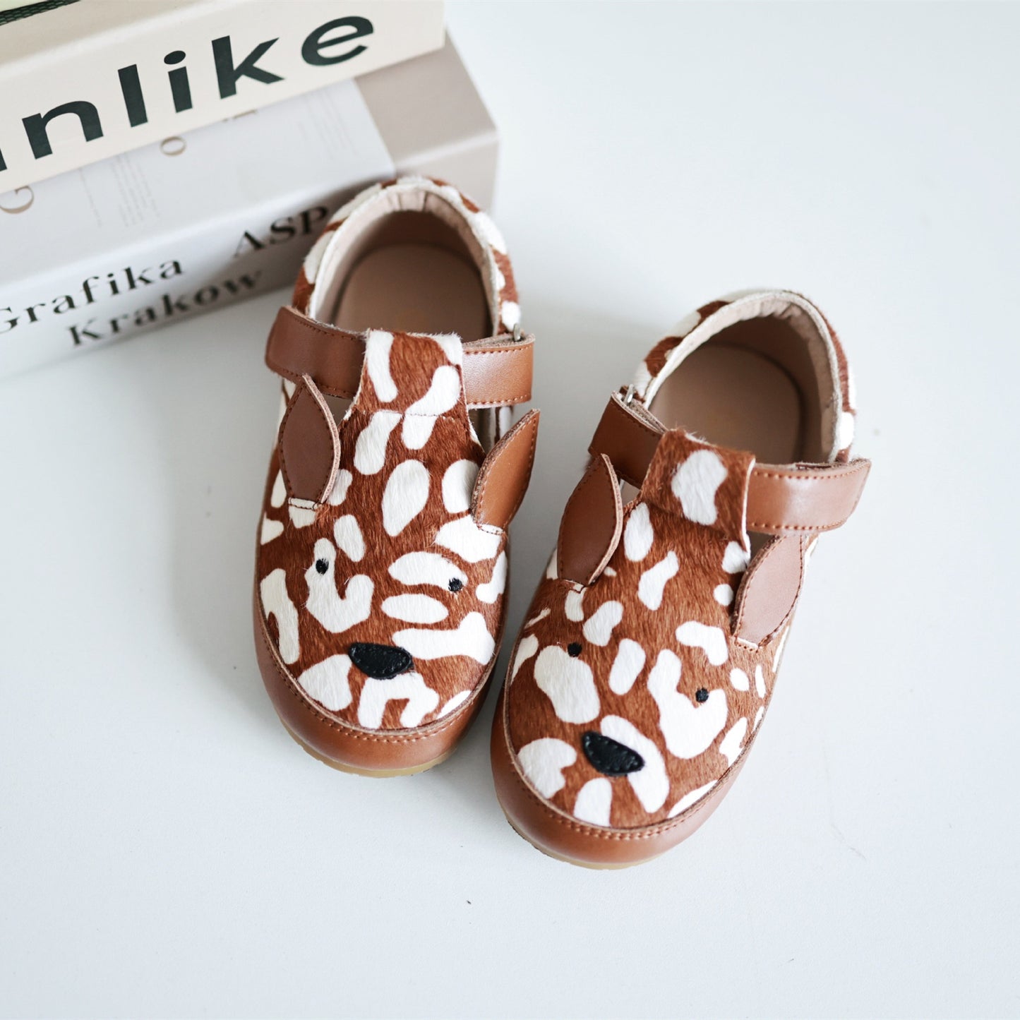 Deer Animal Pattern Genuine Leather Children Velcro Soft Sole Shoes