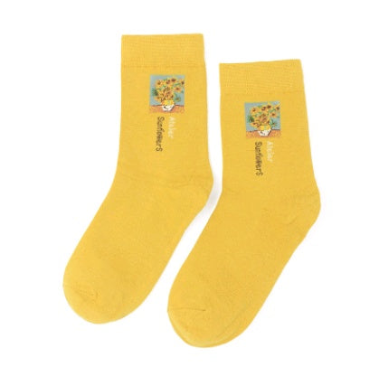 Autumn and winter retro socks personality English oil painting series in the tube socks literary abstract ladies cotton socks