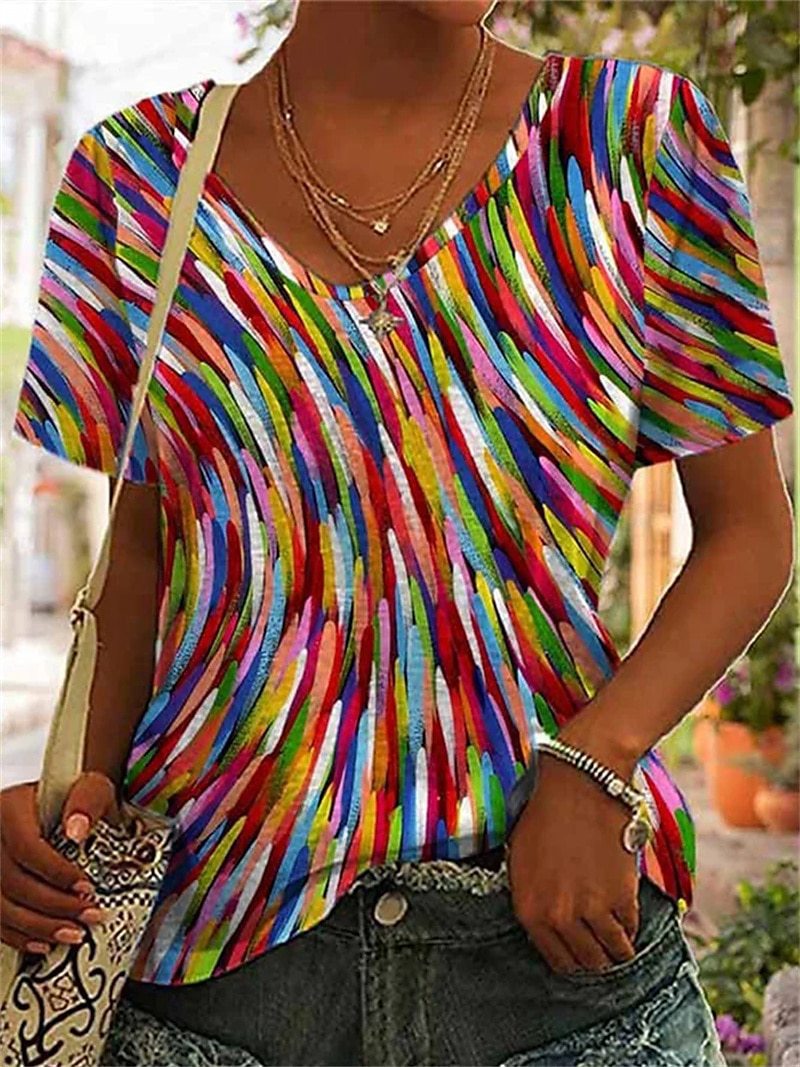 Women's Fashion 3D Printed V-neck Slim Bottoming Shirt