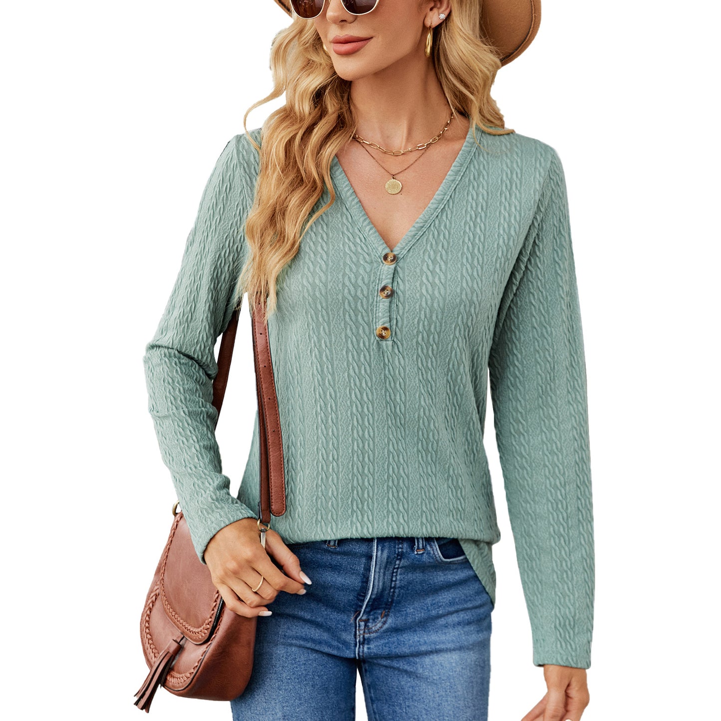 Solid Color And V-neck Button Loose Long-sleeved T-shirt Top