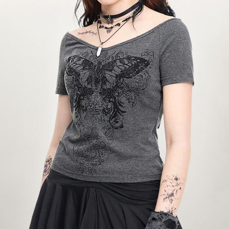Casual Gray Short Sleeve T-shirt Top Tide