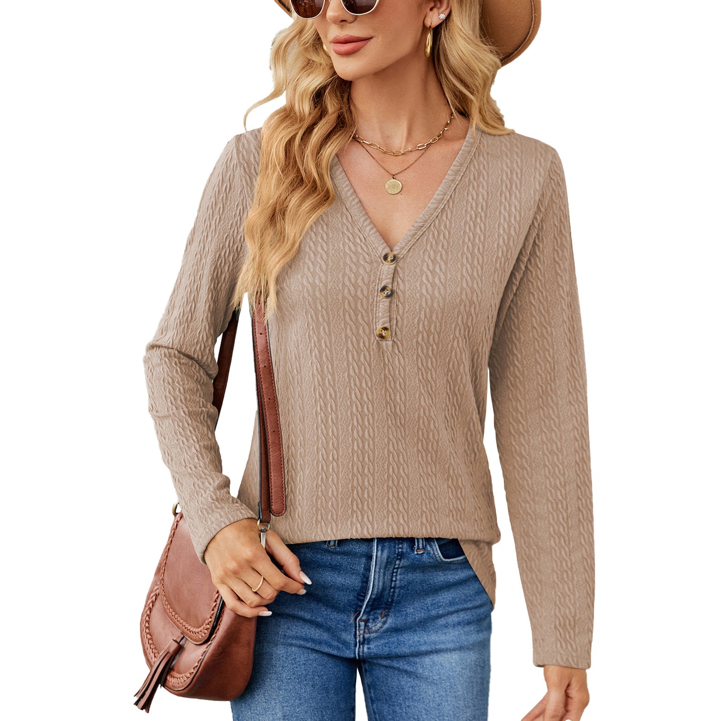 Solid Color And V-neck Button Loose Long-sleeved T-shirt Top