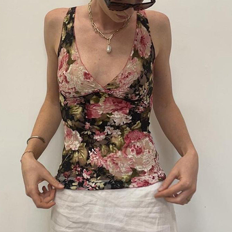 See-through V-neck Low-cut Hot Girl Top