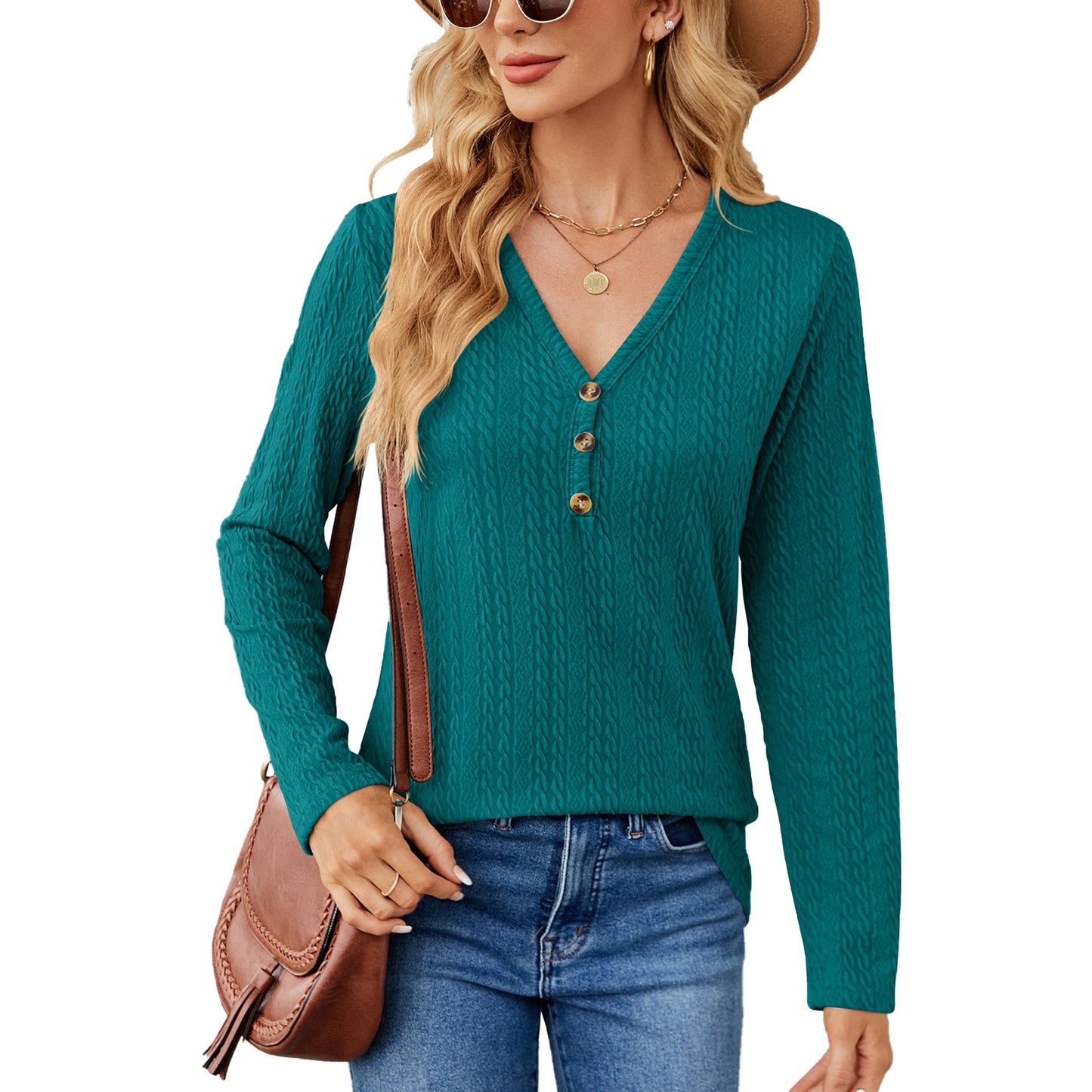 Solid Color And V-neck Button Loose Long-sleeved T-shirt Top