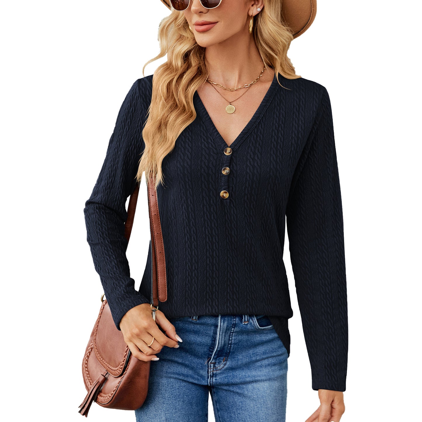 Solid Color And V-neck Button Loose Long-sleeved T-shirt Top