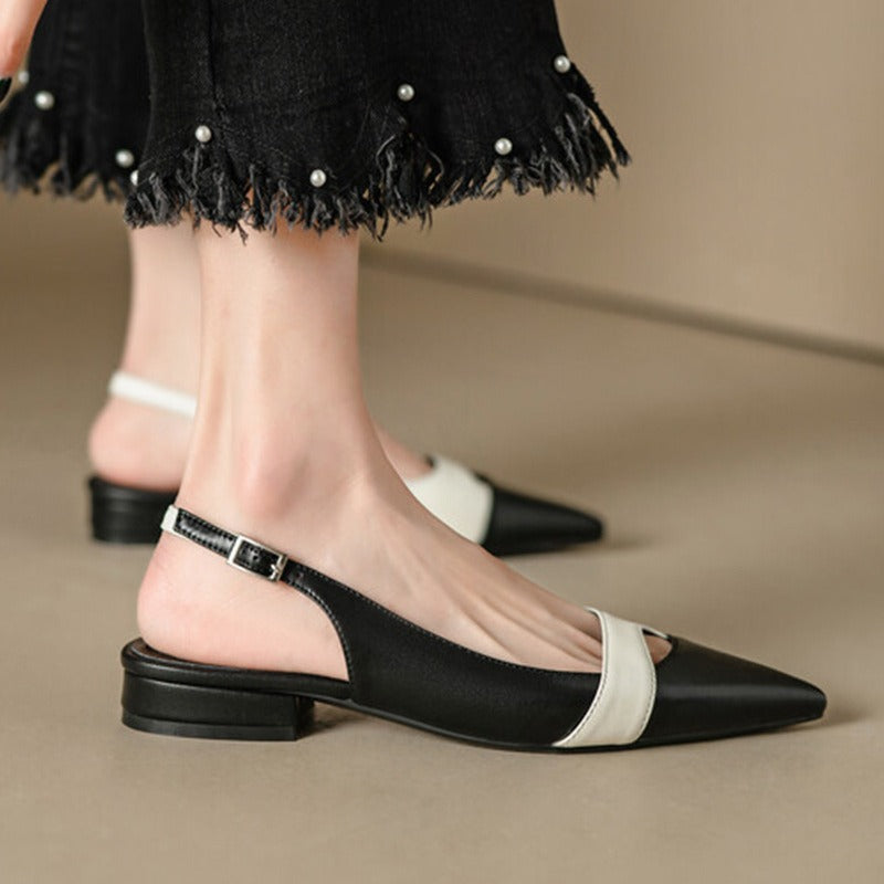 Closed Toe French Style Temperament Pumps Retro Color Matching Pointed Toe Flat Shoes Back Empty Summer Women's Fashion Sandals With Skirt