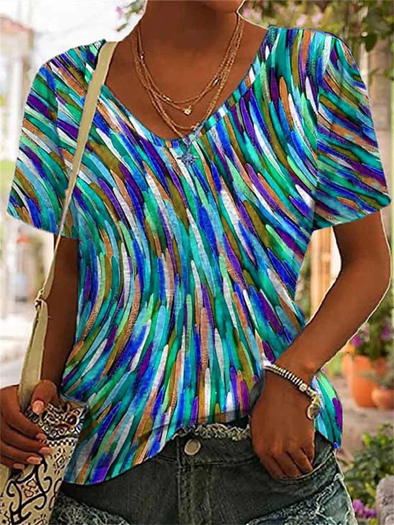 Women's Fashion 3D Printed V-neck Slim Bottoming Shirt