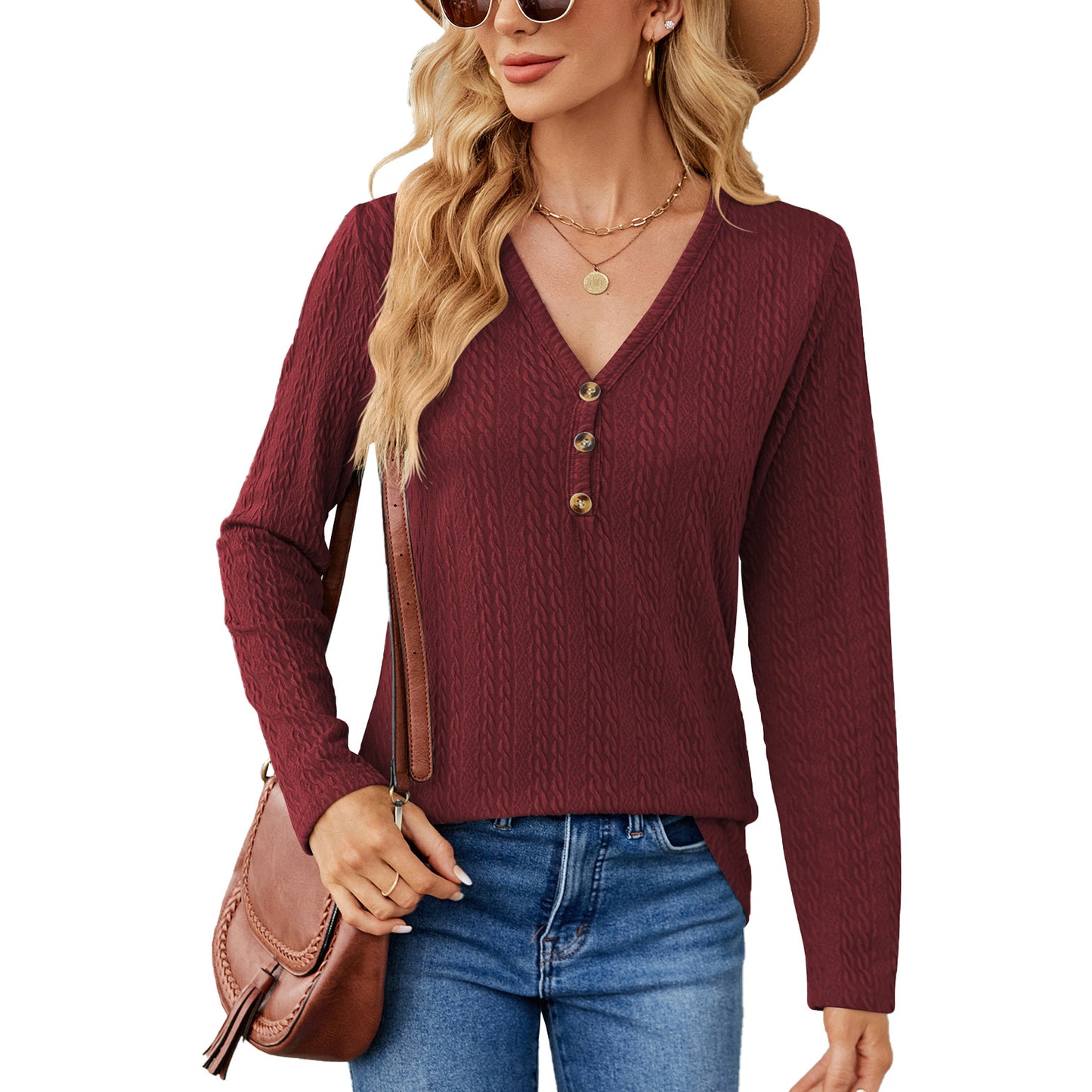Solid Color And V-neck Button Loose Long-sleeved T-shirt Top