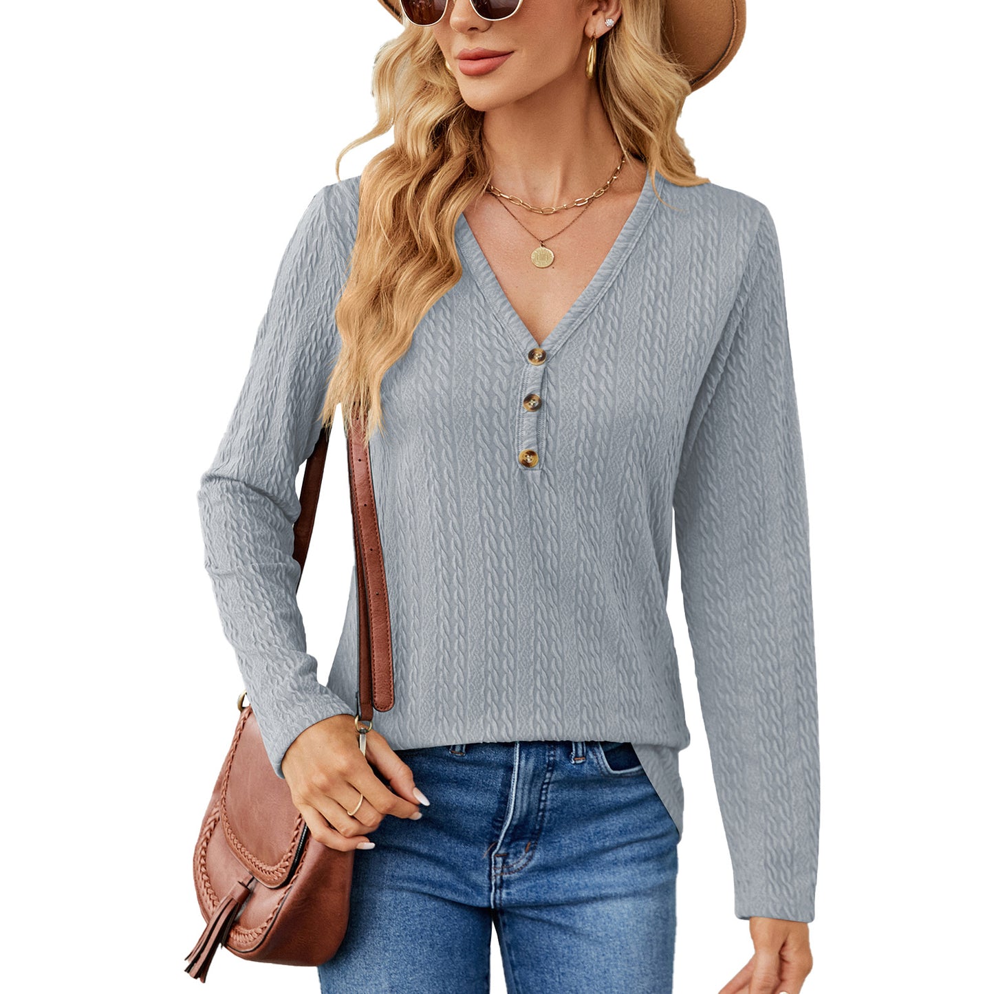 Solid Color And V-neck Button Loose Long-sleeved T-shirt Top