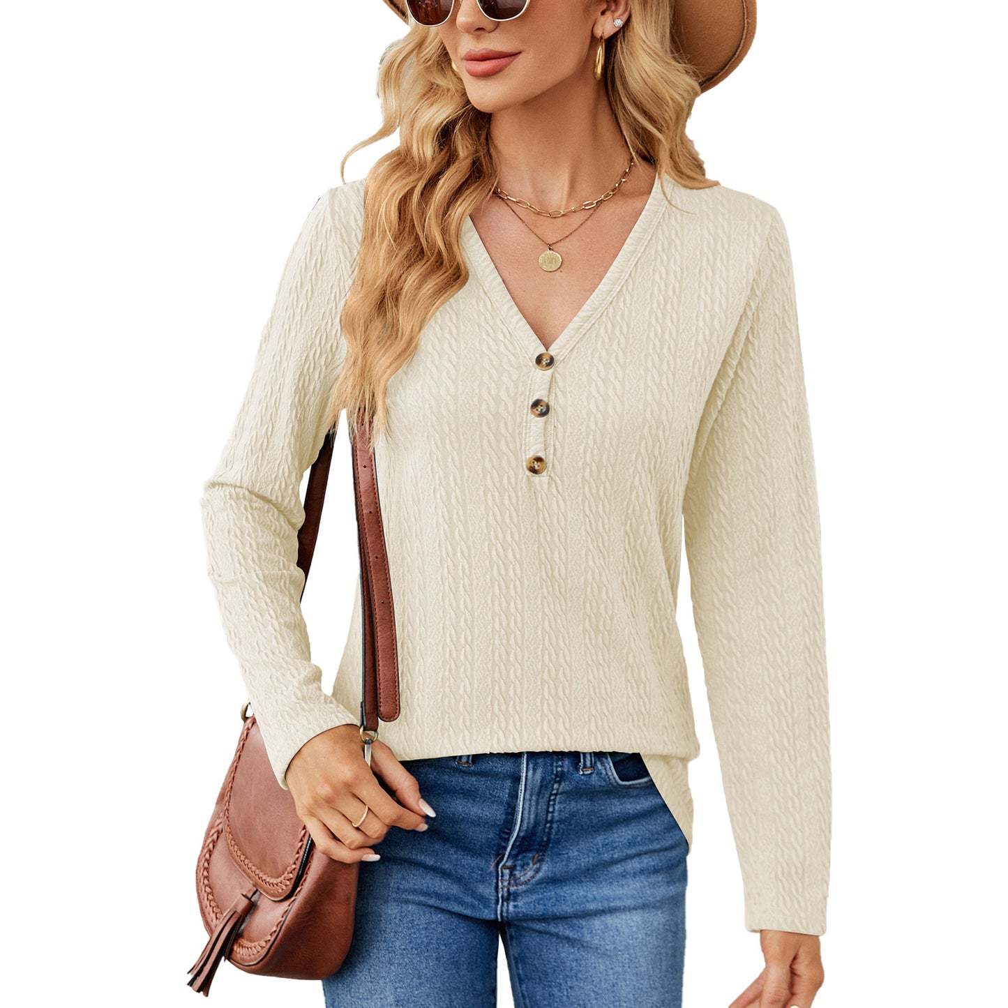Solid Color And V-neck Button Loose Long-sleeved T-shirt Top