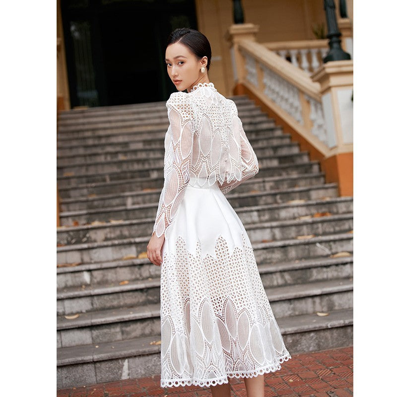 Women's Temperament Standing Collar Long-sleeved Lace Short Top Hollow Half Skirt Set