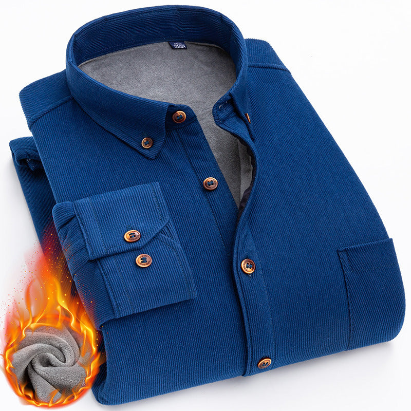 Thermal Shirt Men's Fleece-lined Thick Solid Color Corduroy Thermal Shirt Autumn And Winter
