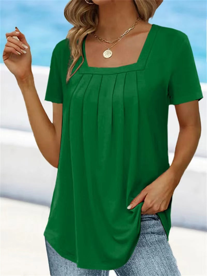 European And American Solid Color Women's Clothing Top T-shirt With Short Sleeves