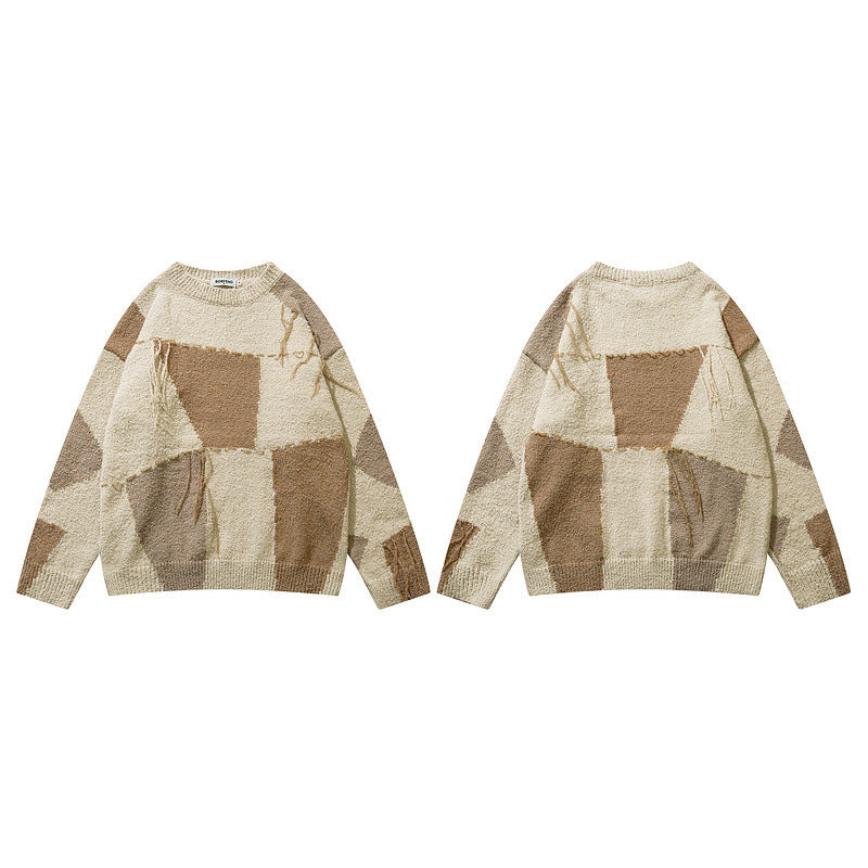 Plaid Tassel Oversize Lazy Wind Sweater Man