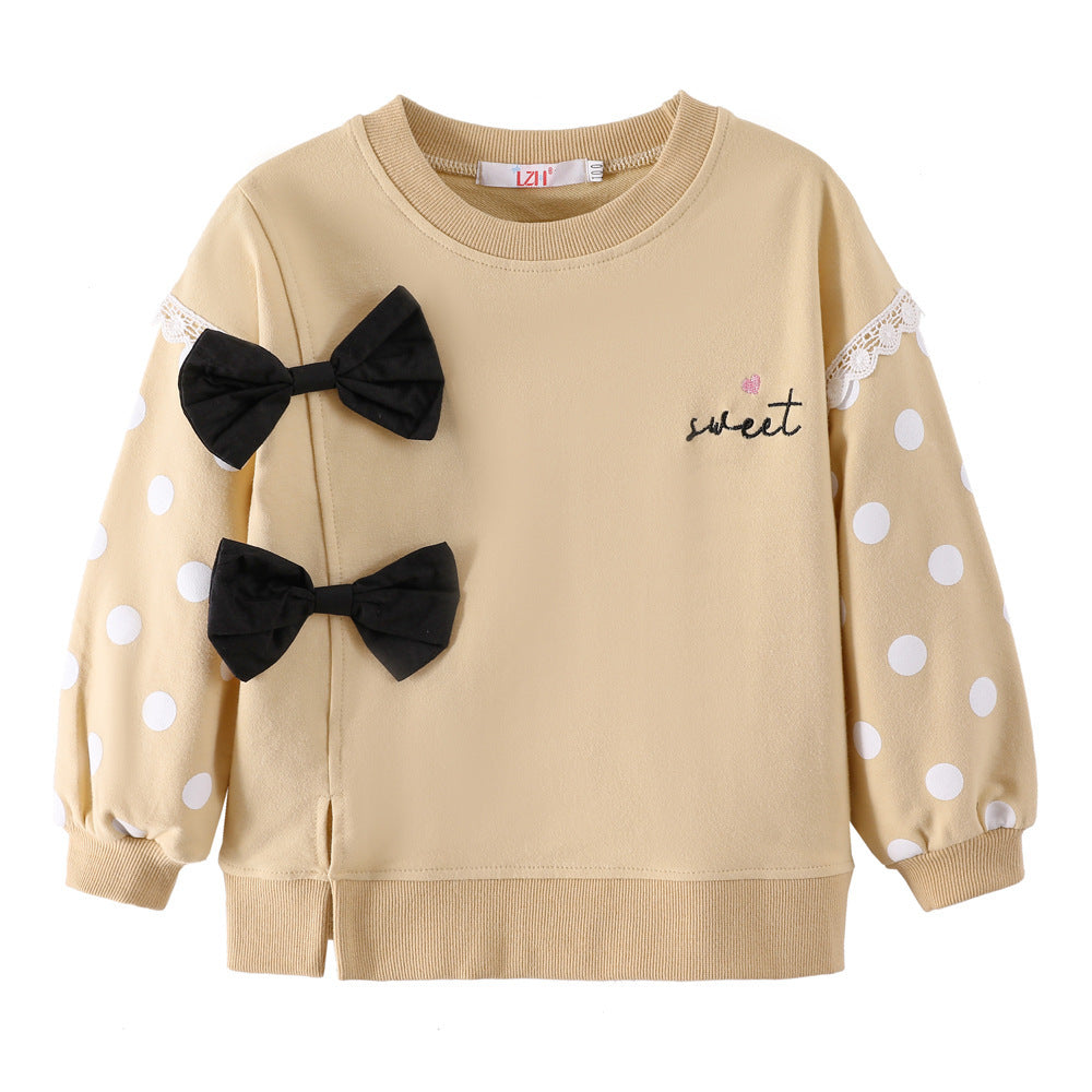 New Girls' Sweater Cute Bow Solid Color Long Sleeve Pullover Children