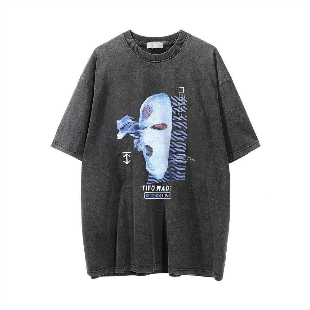 Fun Masked Man Like Printed Round Neck Short Sleeve T-shirt
