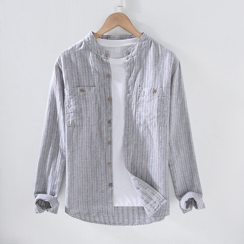 Stripe Double Pocket Chinese Style Stand Collar Casual Cotton Linen Long Sleeve Blouse