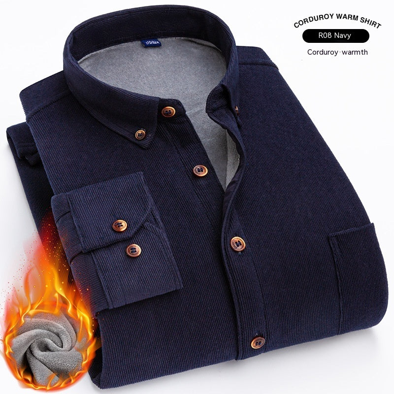 Thermal Shirt Men's Fleece-lined Thick Solid Color Corduroy Thermal Shirt Autumn And Winter