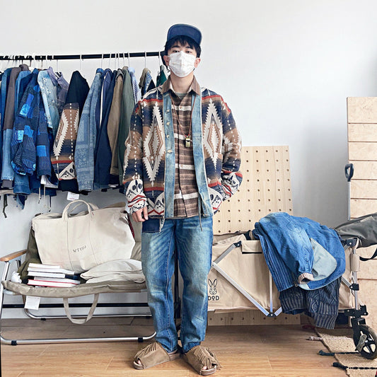 Vintage Denim Patchwork Woolen Coat Man