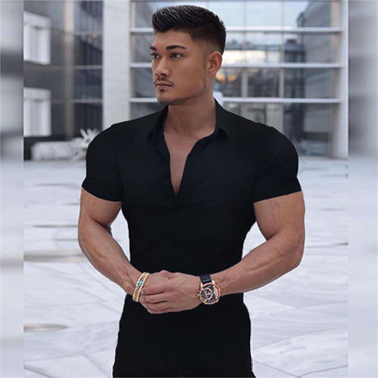 Muscular Man Stretch Shirt With Stand-up Collar And Short Sleeves